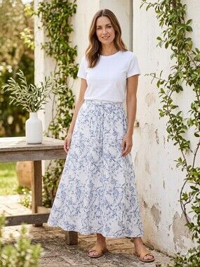 Brand 120% LINO White Maxi Skirt with Blue Floral Print 100% Linen